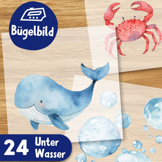 Wasserwelt Bügelbilder, Schwimmende Tiere Wasserfarbe Designs zum aufbügeln