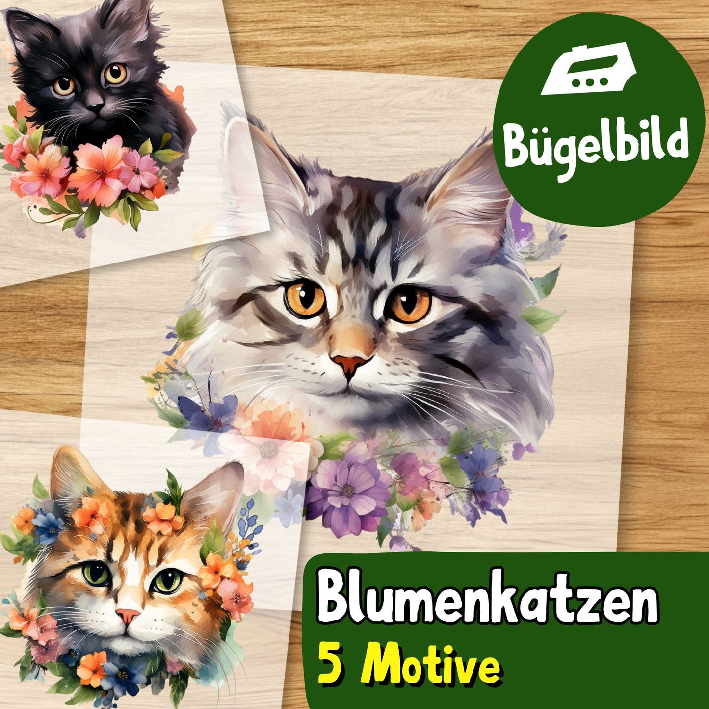 Bügelbild Blumenkatze 5 Motive