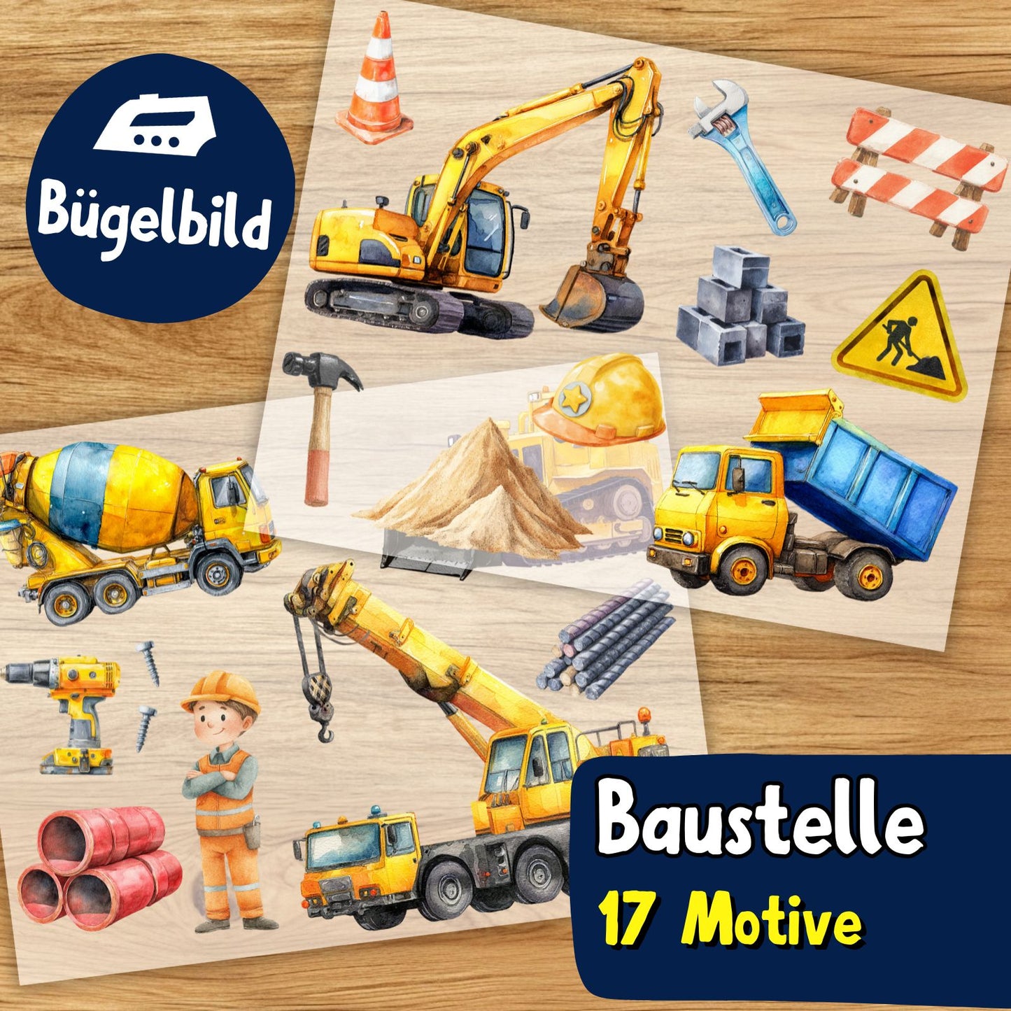 Baustelle Bügelbild Set, Kinder Bagger Aufbügler