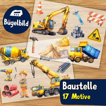 Baustelle Bügelbild Set, Kinder Bagger Aufbügler