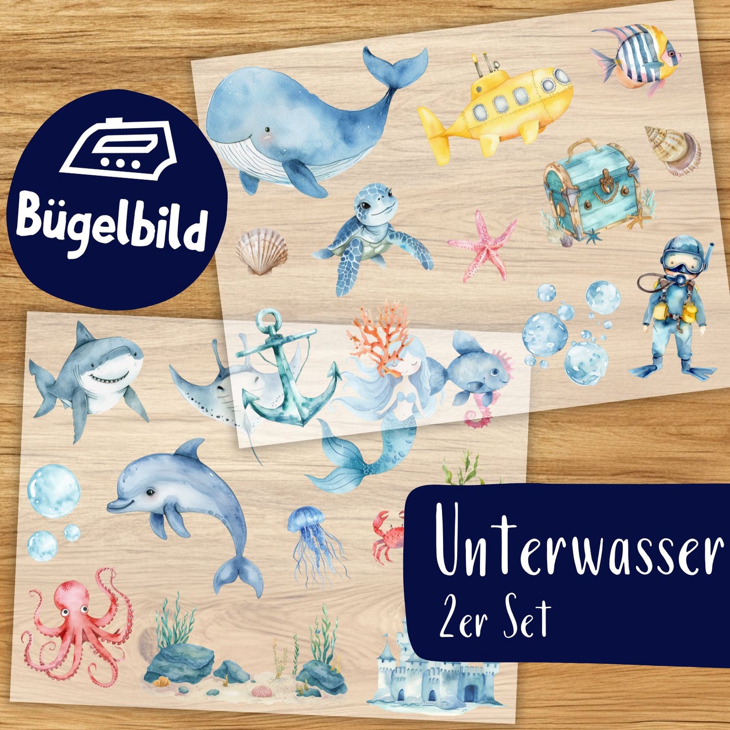 Unterwasser Bügelbilder 2er Set, Wasserfarbe Ozean Fische Grafiken zum Aufbügeln