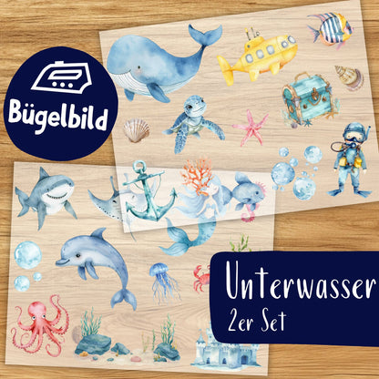 Unterwasser Bügelbilder 2er Set, Wasserfarbe Ozean Fische Grafiken zum Aufbügeln