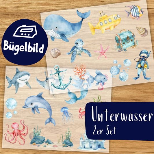 Unterwasser Bügelbilder 2er Set, Wasserfarbe Ozean Fische Grafiken zum Aufbügeln