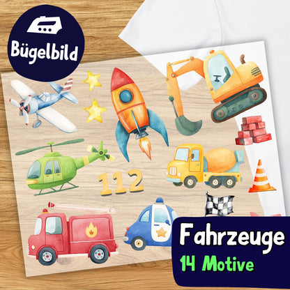 Bügelset Fahrzeuge – 14 Aquarell Motive Autos und Rakete Kinder Tshirt