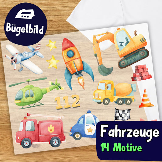 Bügelset Fahrzeuge – 14 Aquarell Motive Autos und Rakete Kinder Tshirt