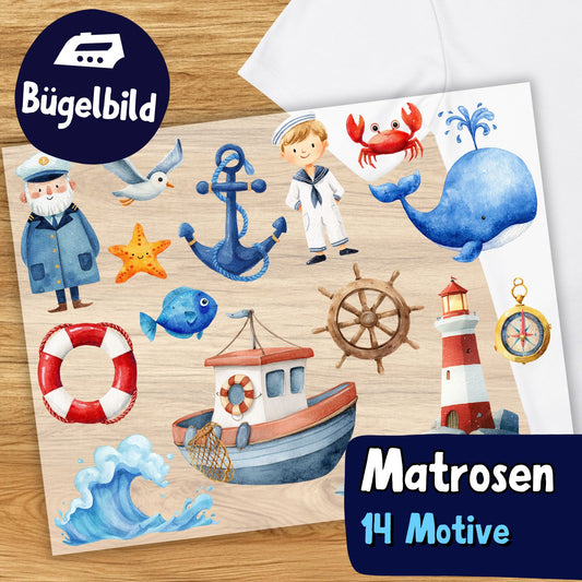 Bügelset Matrosen – 14 maritime Aquarell Motive mit Schiff, Wal & Leuchtturm zum Aufbügeln