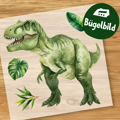 T-Rex Bügelbild, Mit Dschungelblättern