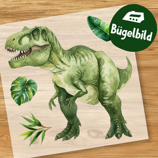 T-Rex Bügelbild, Mit Dschungelblättern