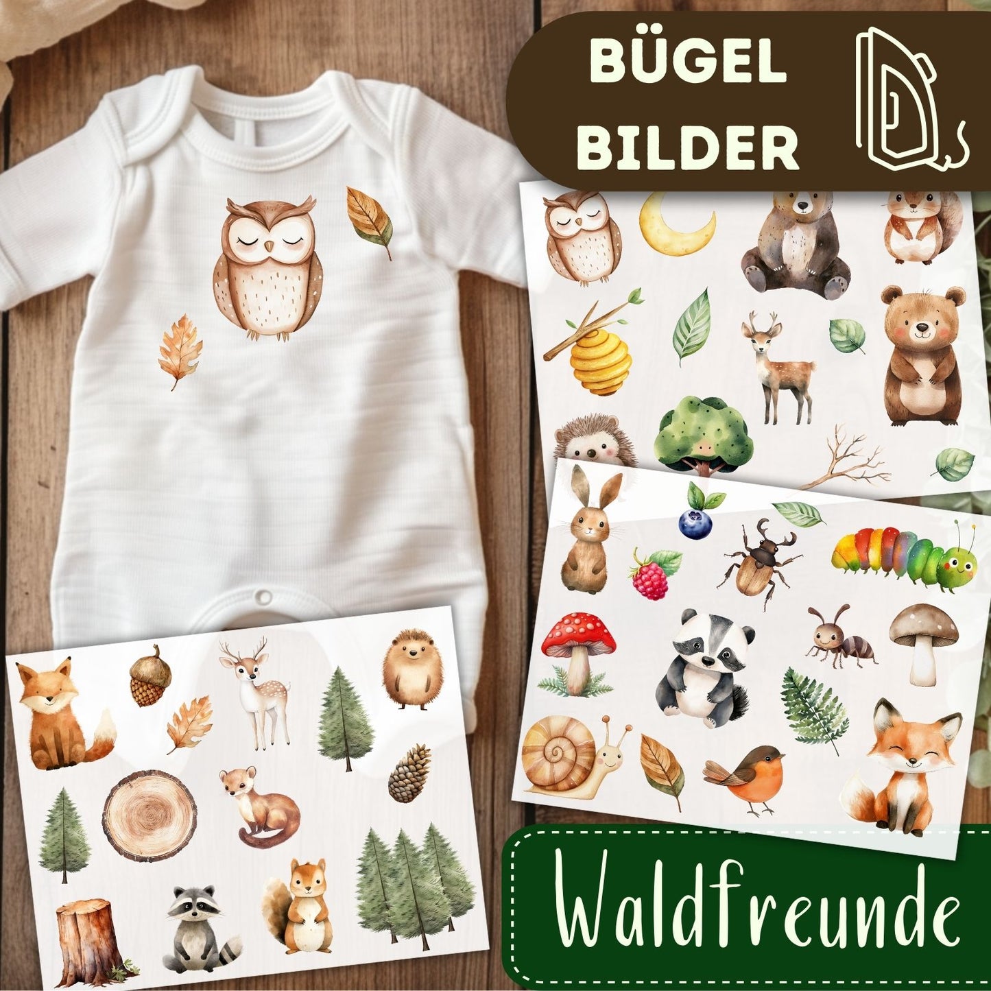 Waldfreunde Bügelbilder 3er Set, Wasserfarbe Niedliche Waldtiere