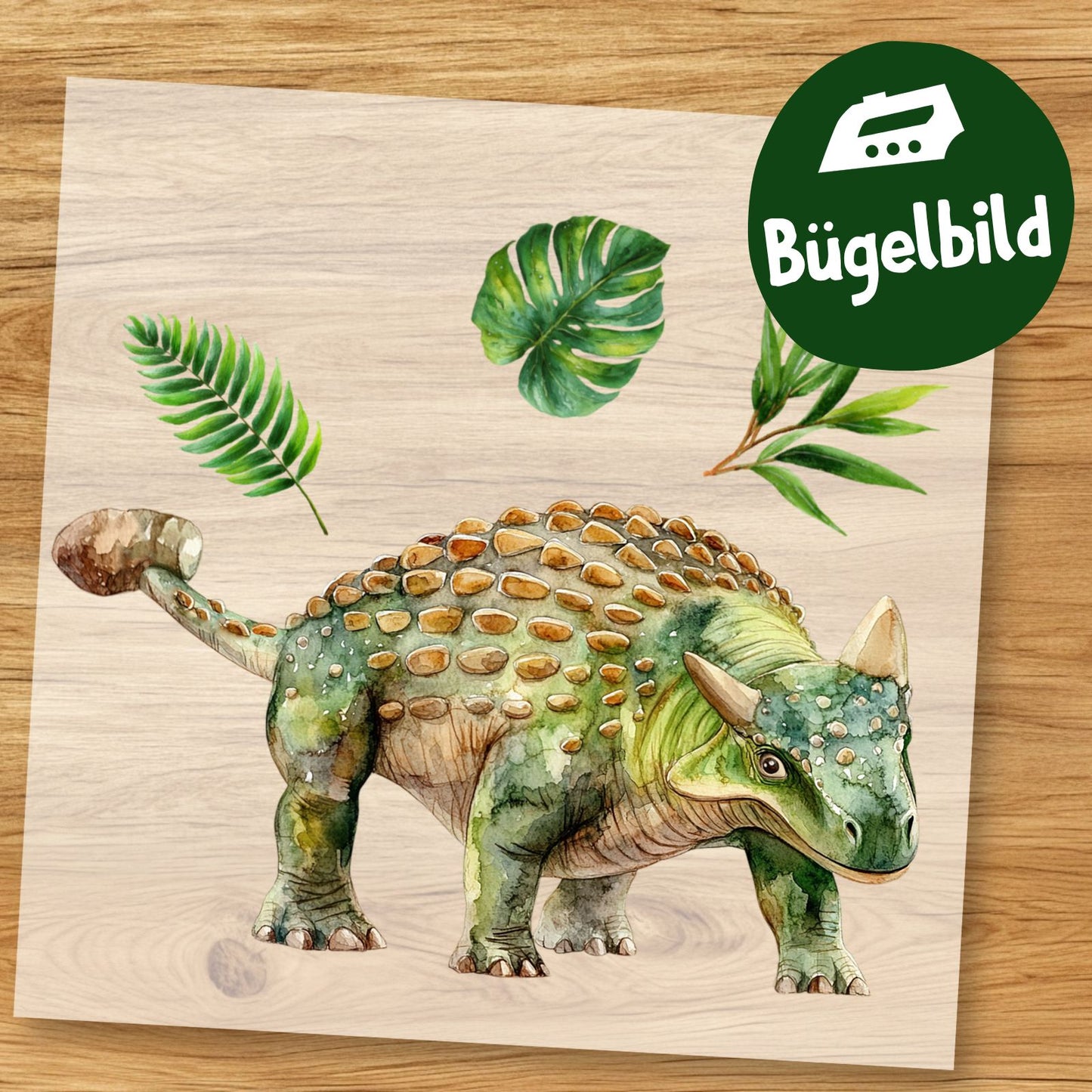 Ankylosaurier Bügelbild, Mit Dschungelblättern