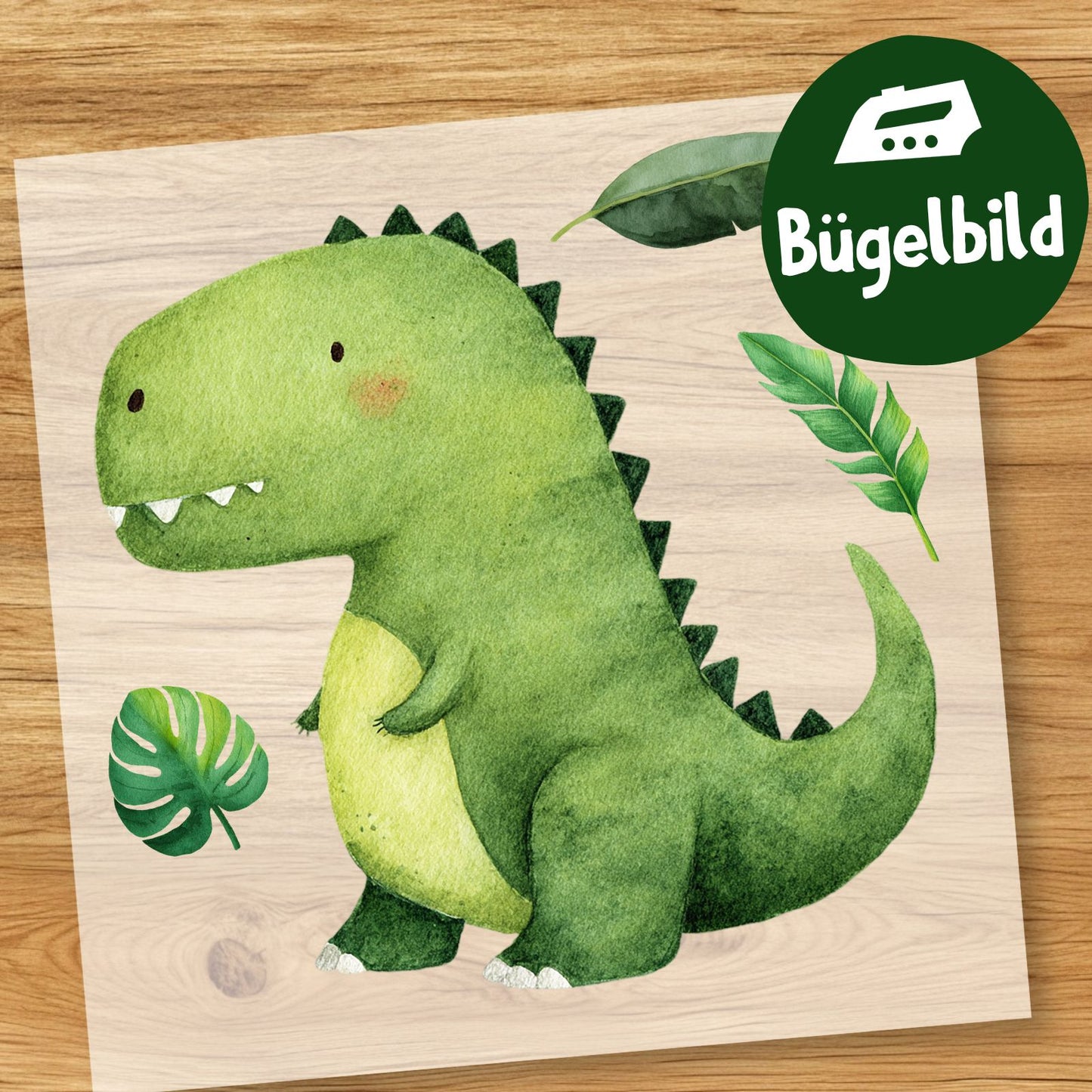 Baby T-Rex Bügelbild, Mit Dschungelblättern