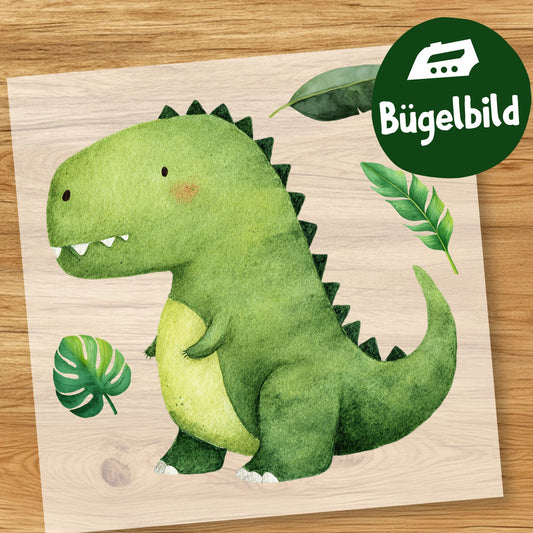 Baby T-Rex Bügelbild, Mit Dschungelblättern