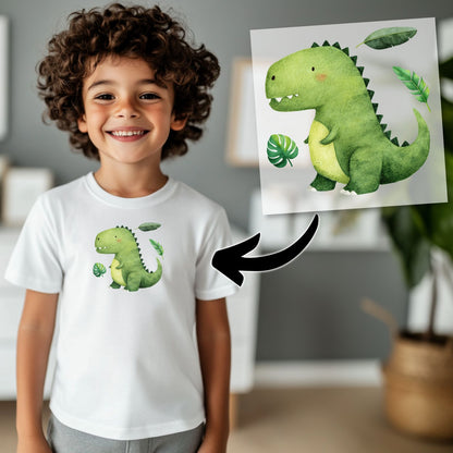 Baby T-Rex Bügelbild, Mit Dschungelblättern