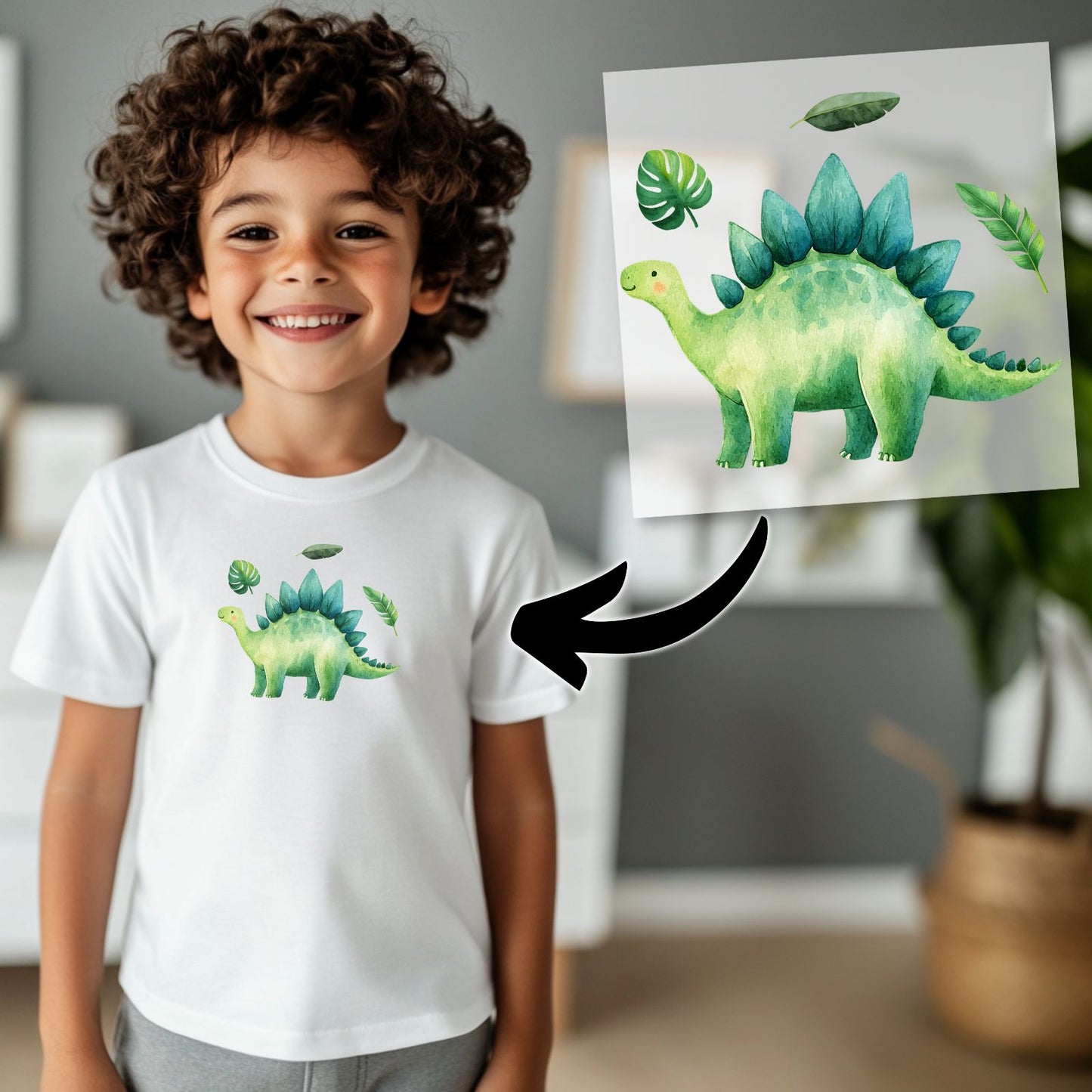 Baby Dino Bügelbild, Mit Dschungelblättern