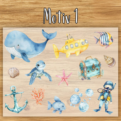 Unterwasser Bügelbilder 2er Set, Wasserfarbe Ozean Fische Grafiken zum Aufbügeln