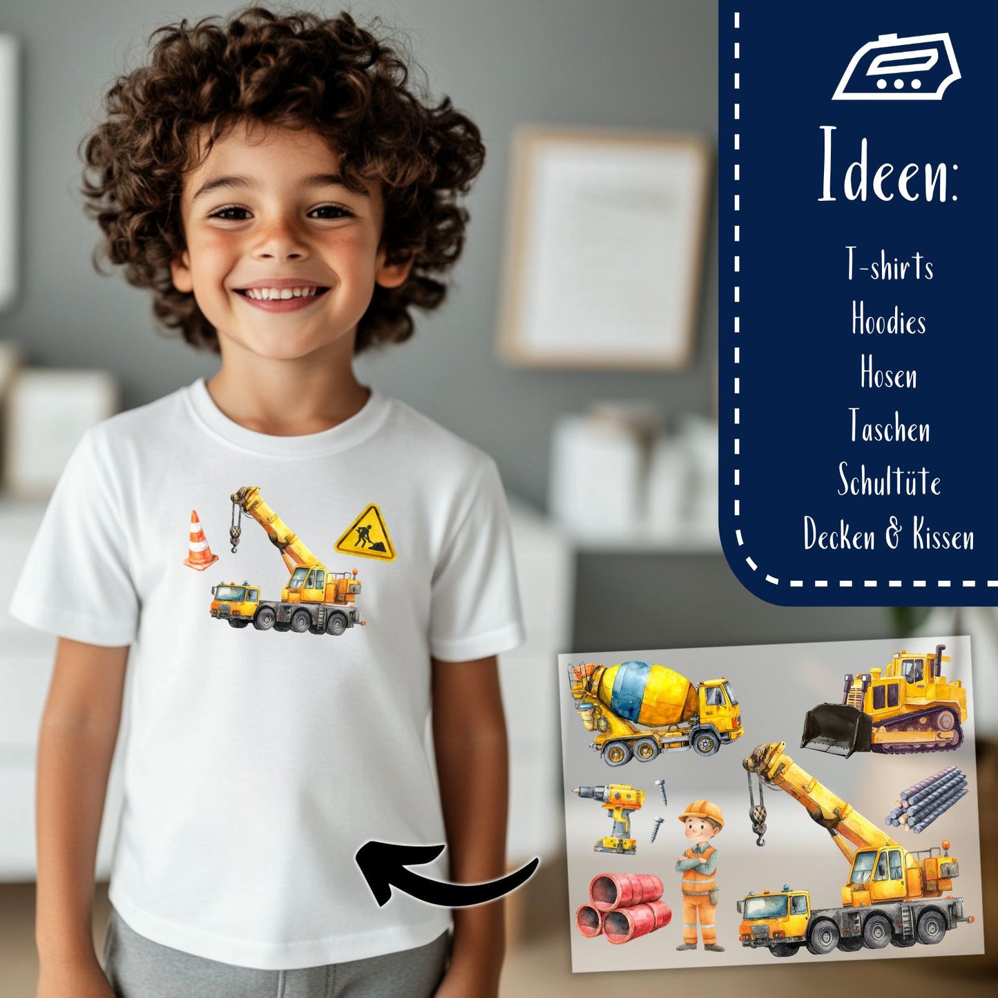 Baustelle Bügelbild Set, Kinder Bagger Aufbügler