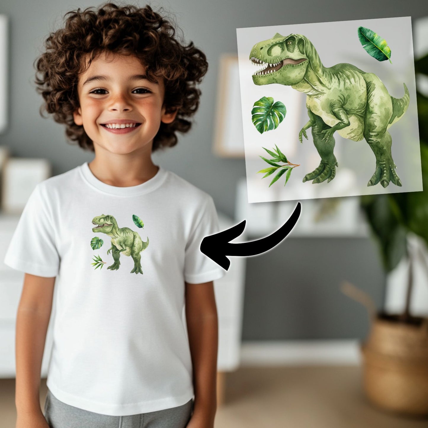 T-Rex Bügelbild, Mit Dschungelblättern