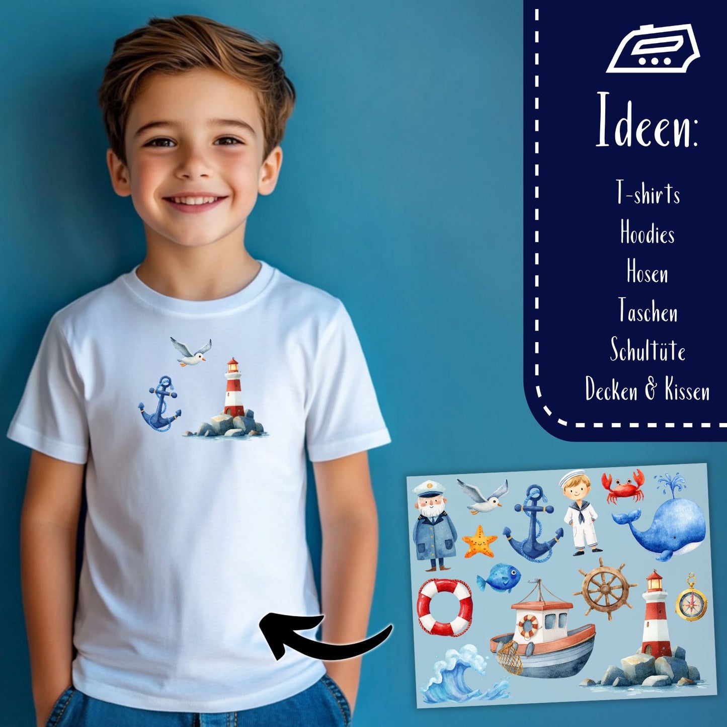 Bügelset Matrosen – 14 maritime Aquarell Motive mit Schiff, Wal & Leuchtturm zum Aufbügeln