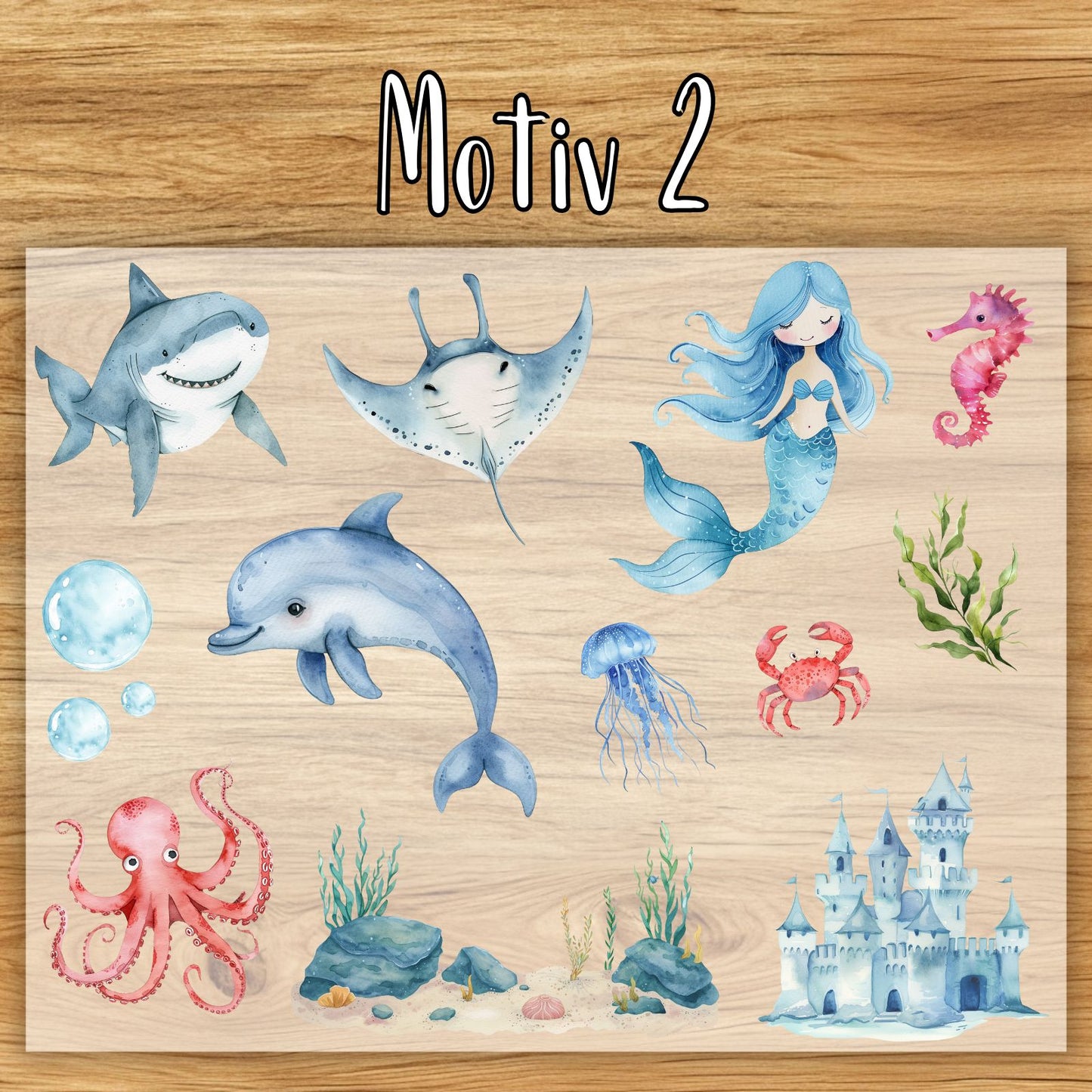 Unterwasser Bügelbilder 2er Set, Wasserfarbe Ozean Fische Grafiken zum Aufbügeln