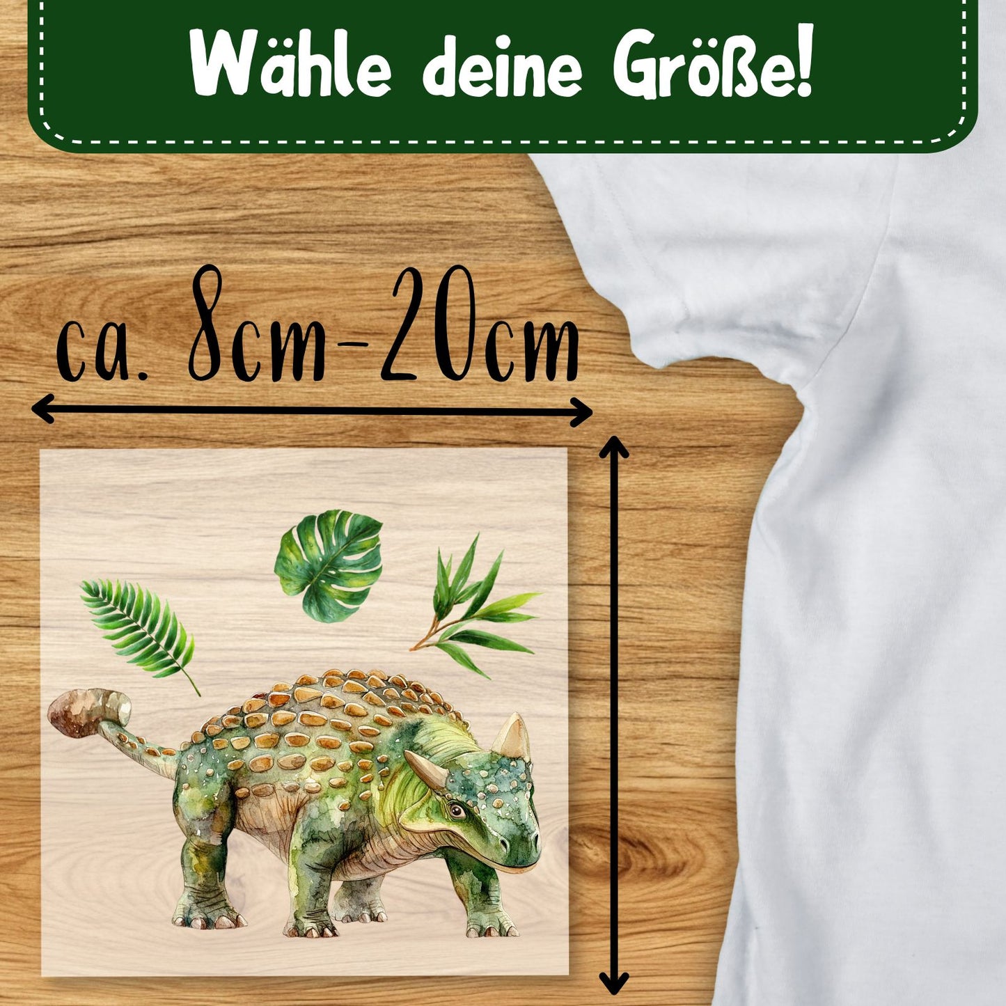 Ankylosaurier Bügelbild, Mit Dschungelblättern
