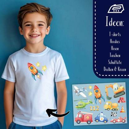 Bügelset Fahrzeuge – 14 Aquarell Motive Autos und Rakete Kinder Tshirt