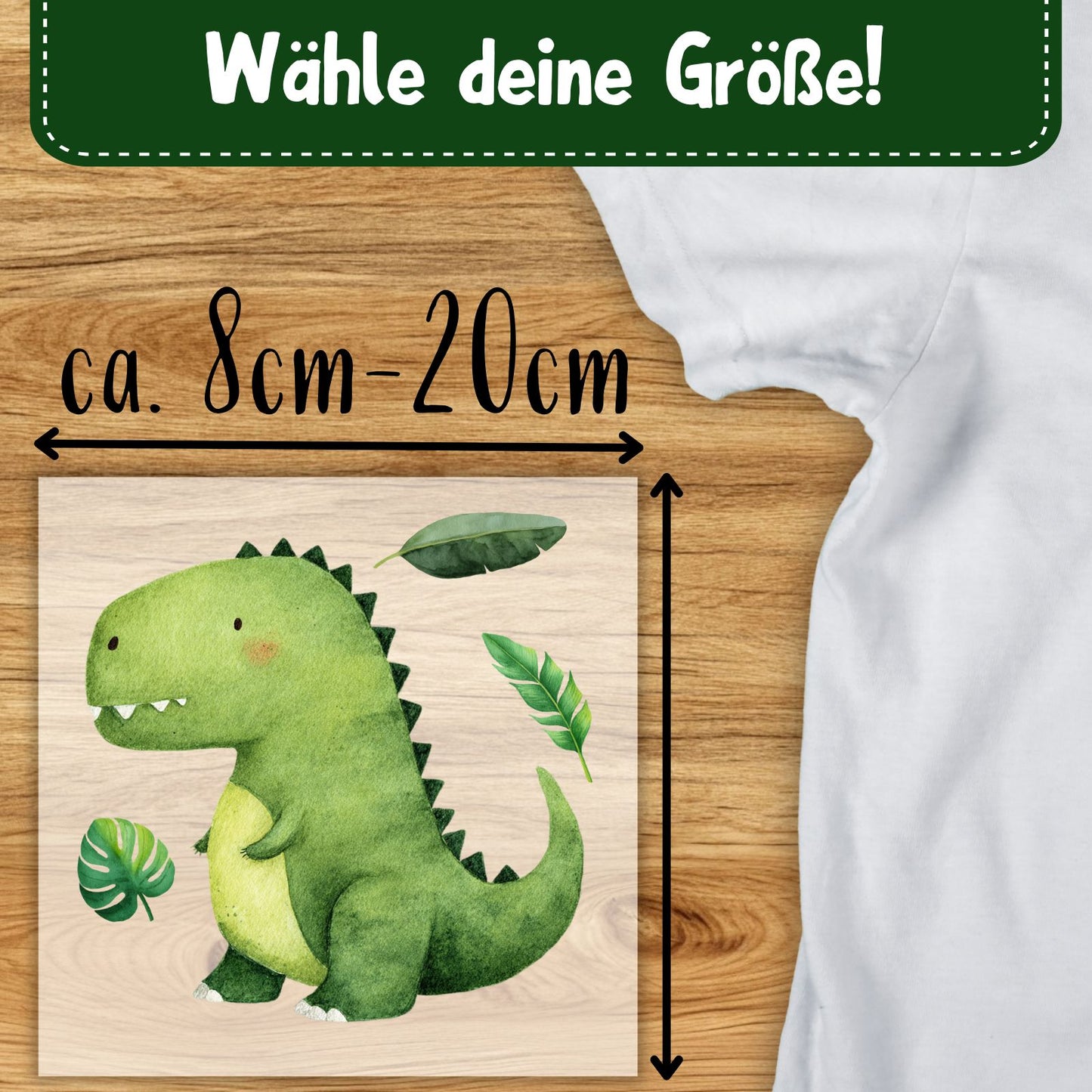 Baby T-Rex Bügelbild, Mit Dschungelblättern