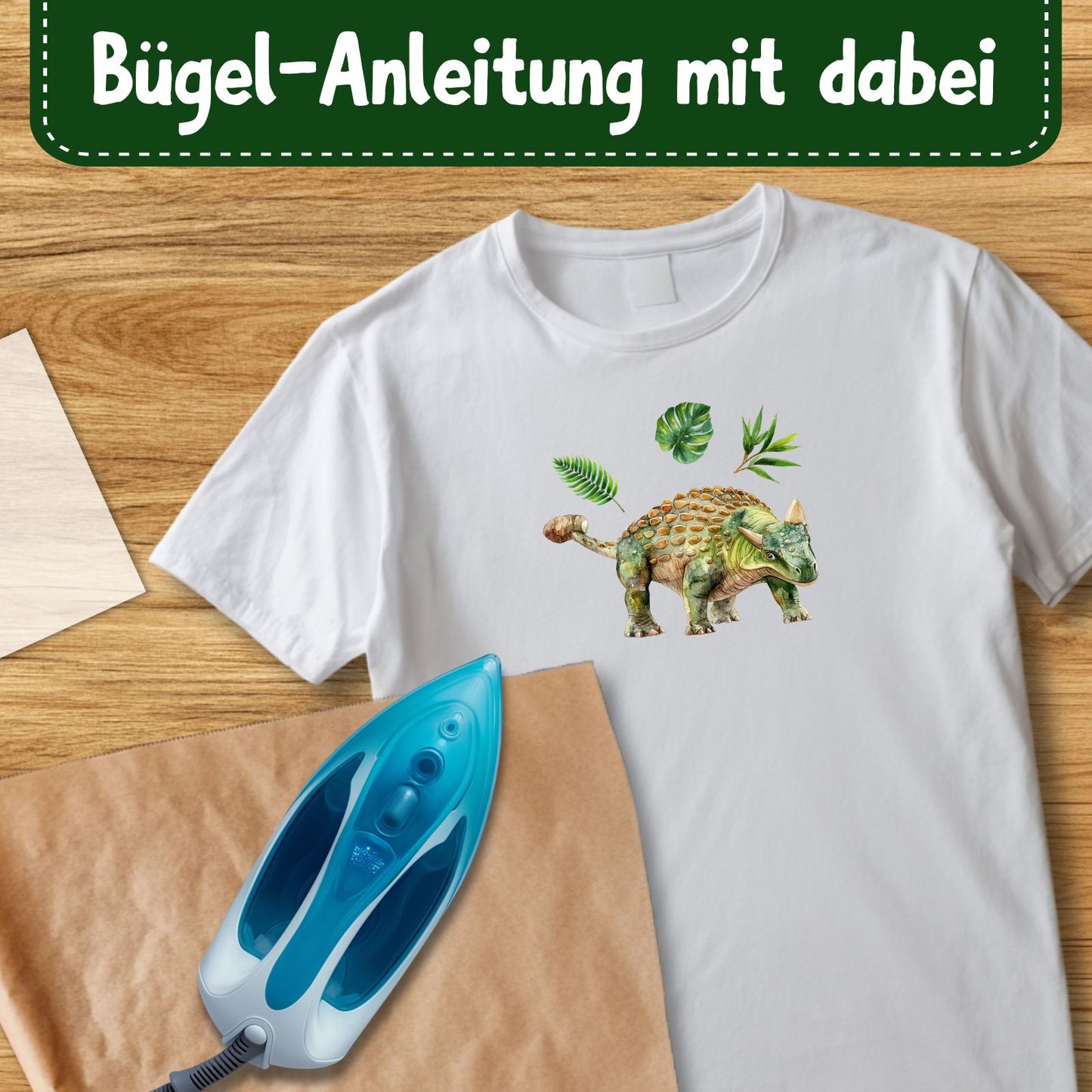 Ankylosaurier Bügelbild, Mit Dschungelblättern