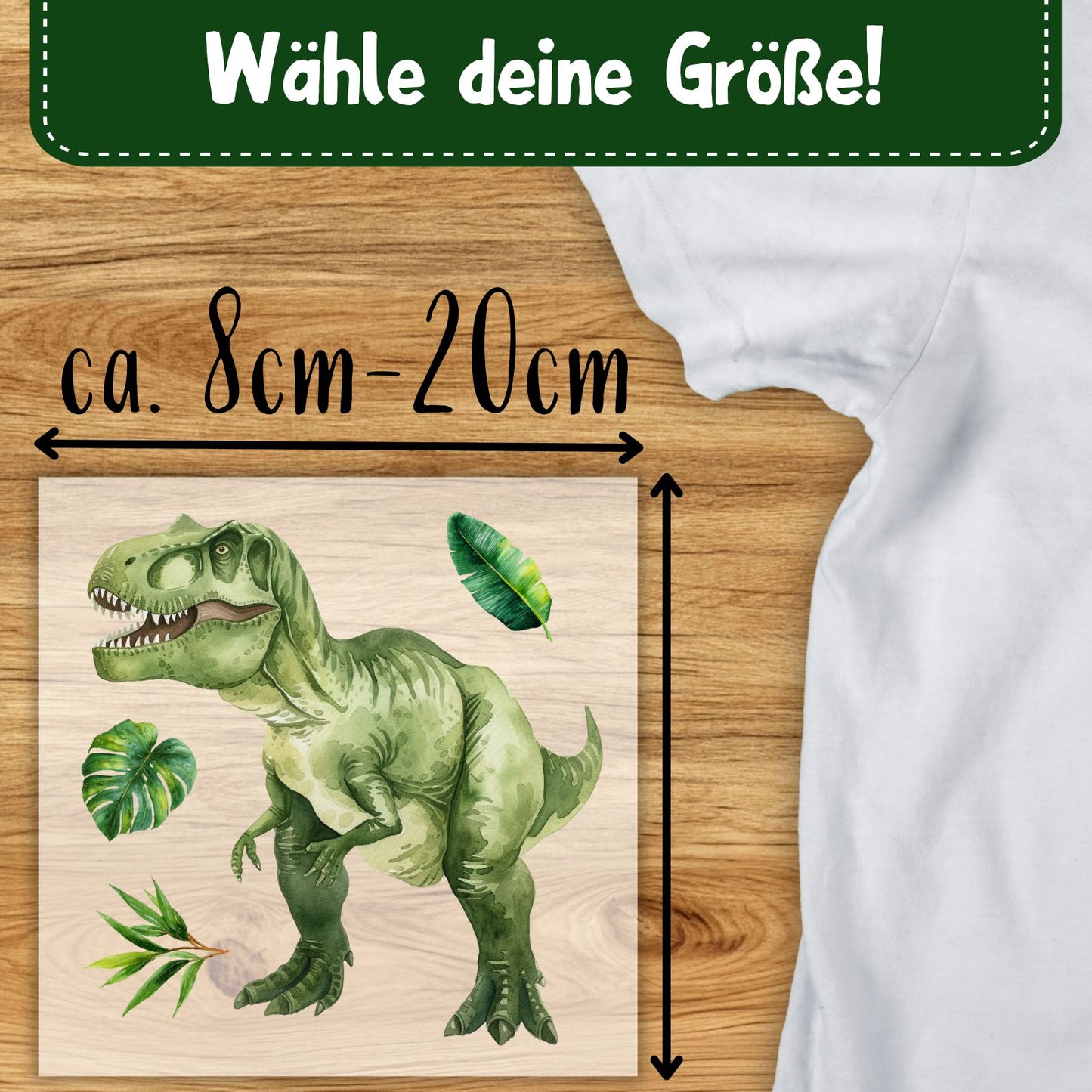 T-Rex Bügelbild, Mit Dschungelblättern