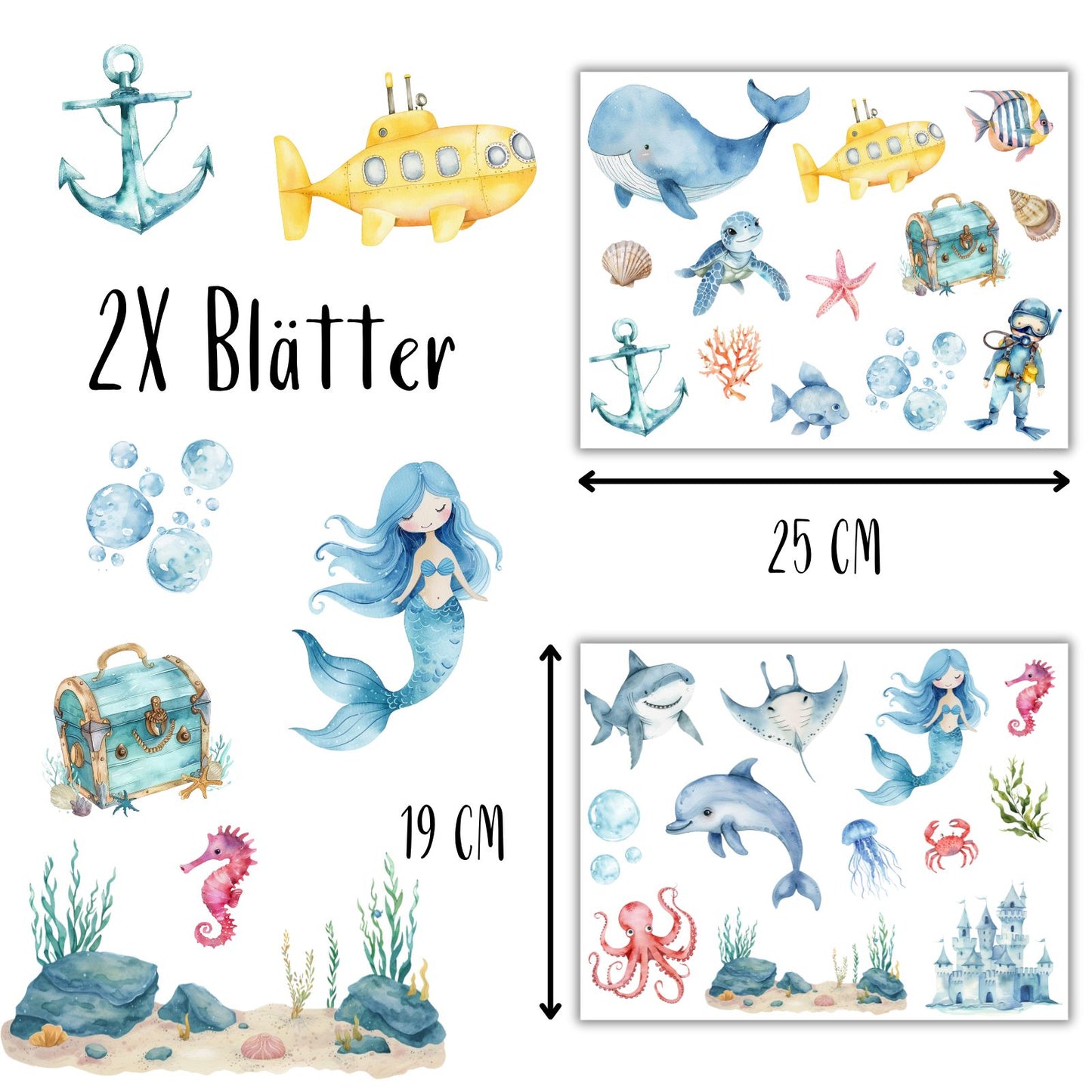 Unterwasser Bügelbilder 2er Set, Wasserfarbe Ozean Fische Grafiken zum Aufbügeln