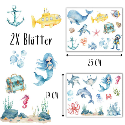 Unterwasser Bügelbilder 2er Set, Wasserfarbe Ozean Fische Grafiken zum Aufbügeln