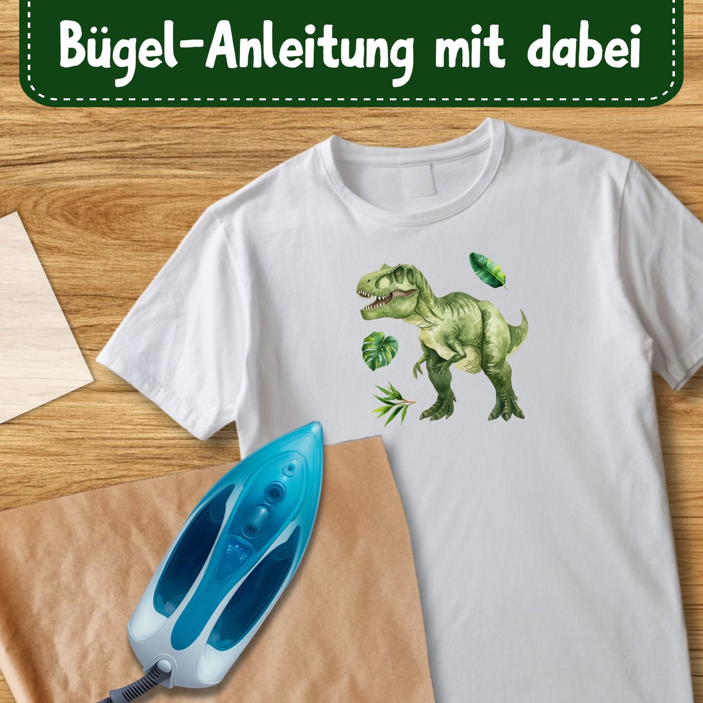 T-Rex Bügelbild, Mit Dschungelblättern