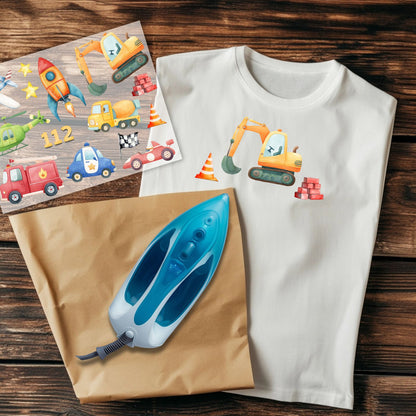 Bügelset Fahrzeuge – 14 Aquarell Motive Autos und Rakete Kinder Tshirt