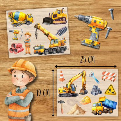 Baustelle Bügelbild Set, Kinder Bagger Aufbügler