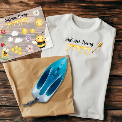 Süße Biene Bügelbilder 2er Set, Wasserfarbe Biene Grafiken zum Aufbügeln