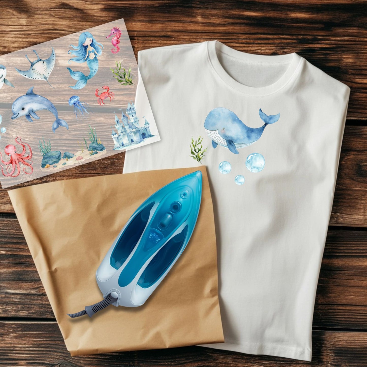 Unterwasser Bügelbilder 2er Set, Wasserfarbe Ozean Fische Grafiken zum Aufbügeln