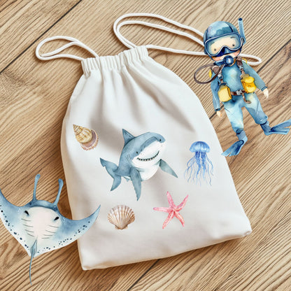 Unterwasser Bügelbilder 2er Set, Wasserfarbe Ozean Fische Grafiken zum Aufbügeln
