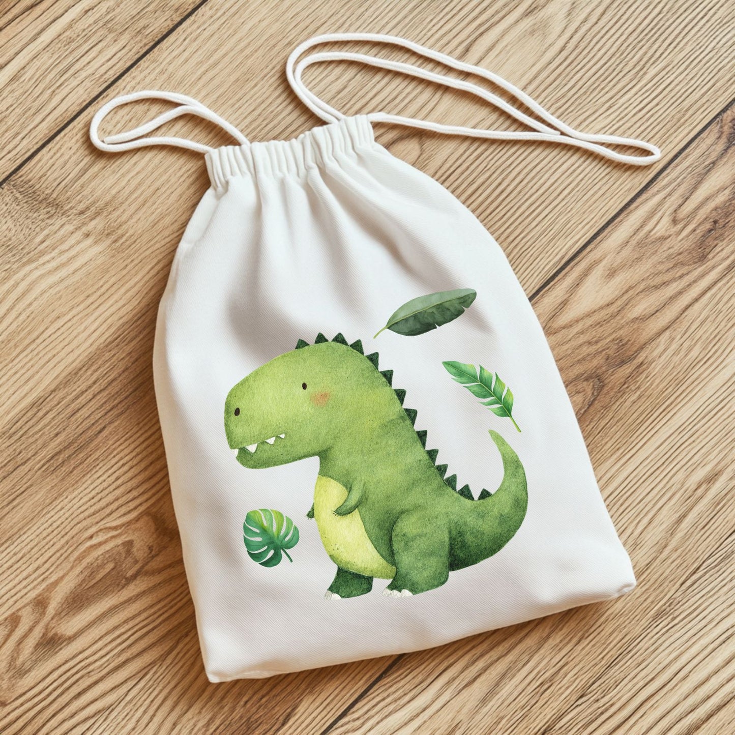 Baby T-Rex Bügelbild, Mit Dschungelblättern